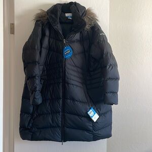 NWT Columbia Storm Warmer long down jacket Faux fur detachable hood Black 3X